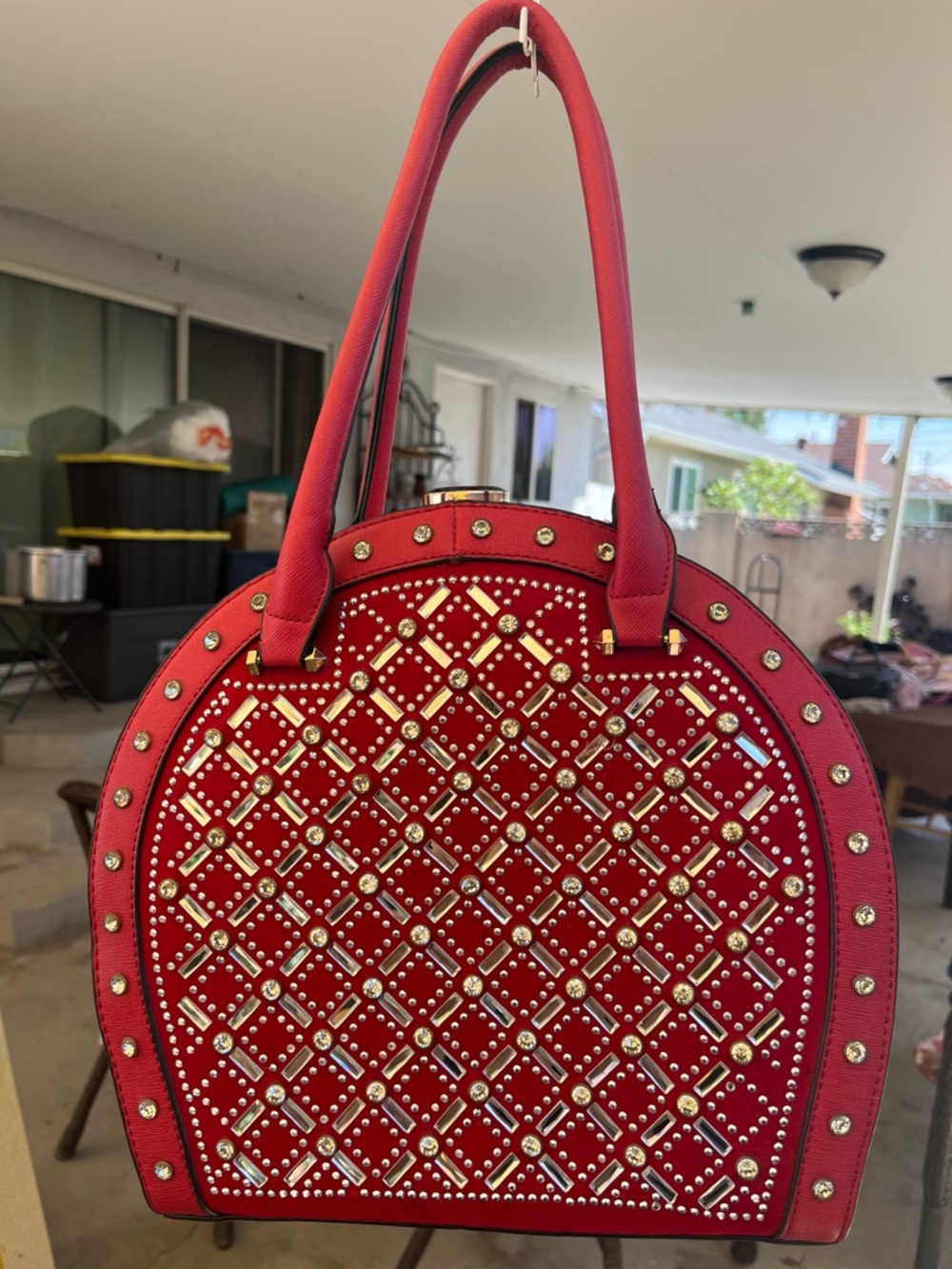 Red Studded Dome Tote with Gold Hardware